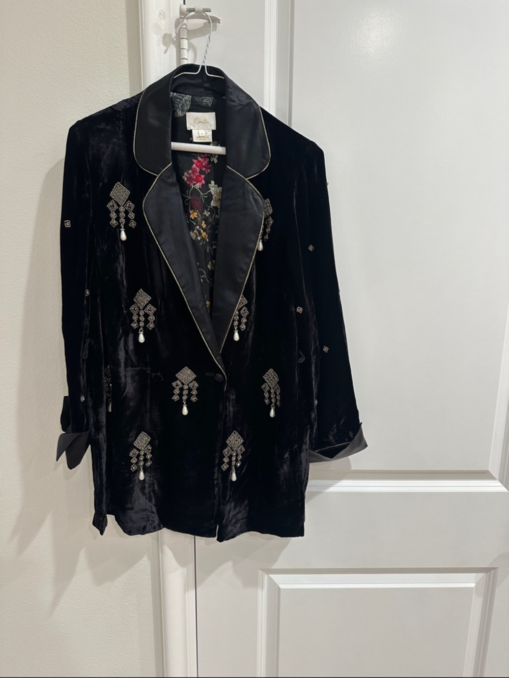 Camilla Black Velvet Embellished Blazer with Floral Lining